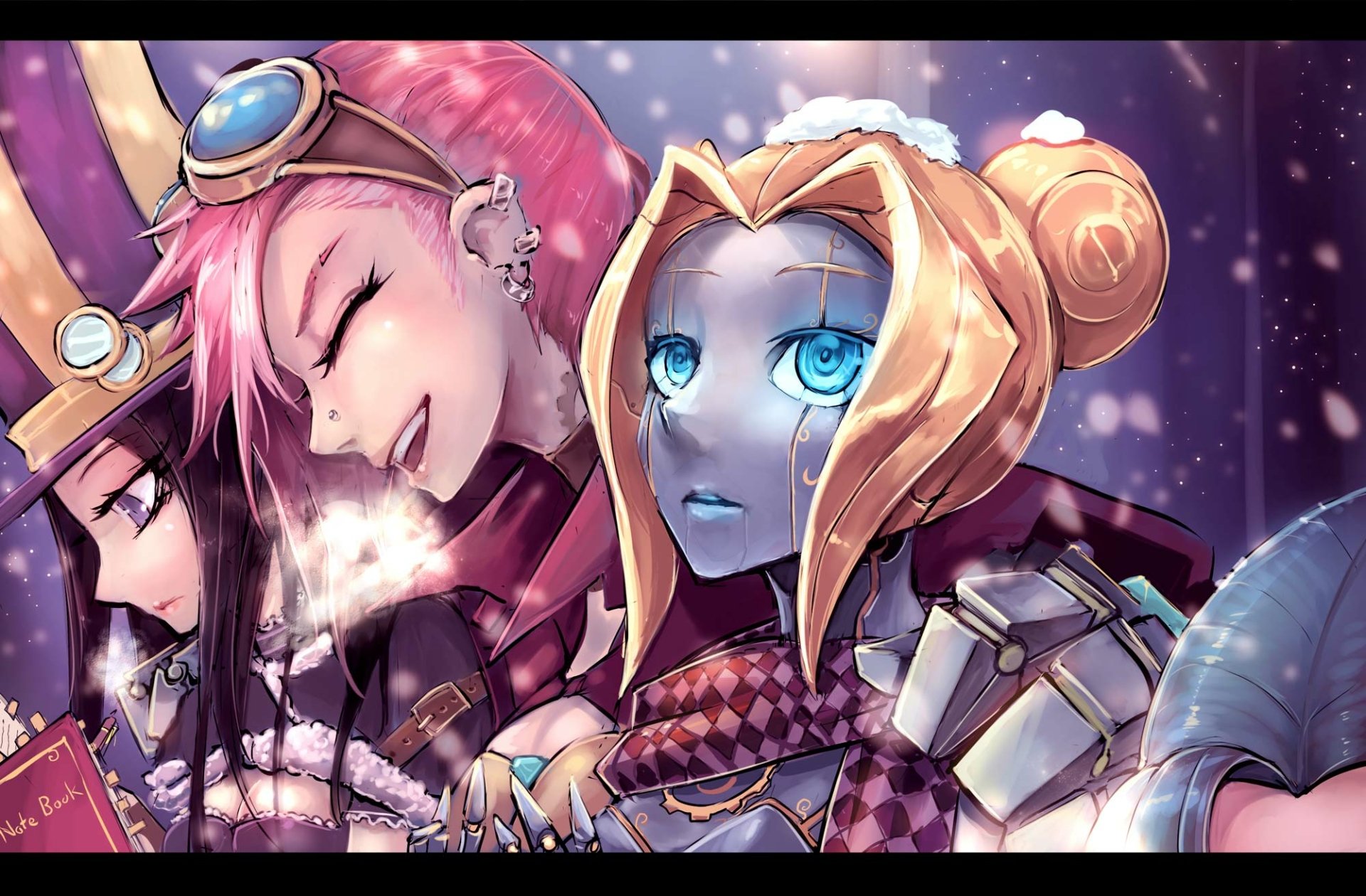 HD desktop wallpaper featuring League of Legends champions Orianna, Caitlyn, and Vi in a snowy Christmas-themed scene.