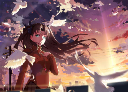 Rin Tohsaka from Fate/Stay Night stands against a vibrant sunset, surrounded by white doves, capturing a moment of tranquility in this HD anime wallpaper.