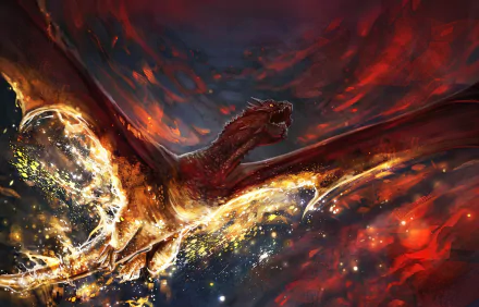 HD desktop wallpaper featuring a majestic dragon in flight against a dramatic sky of fiery red and gold swirling clouds.