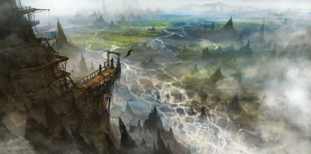 A detailed fantasy landscape featuring misty mountains, winding rivers, and a wooden platform overlooking the vast terrain, rendered in 4K Ultra HD for PC desktop backgrounds.