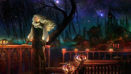 HD PC desktop wallpaper: a long-haired man on a balcony by the sea, gazing at a glowing fantasy city under a vivid starry night sky.