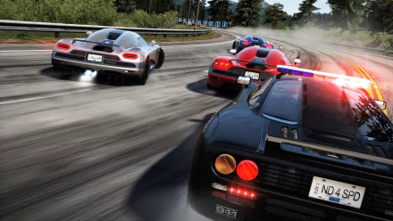 HD PC desktop wallpaper from the video game Need for Speed: Hot Pursuit showing a high-speed chase of supercars with a police cruiser, flashing lights, motion blur and smoky tire marks.
