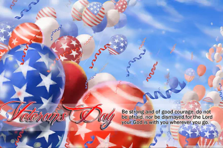 HD Veterans Day desktop wallpaper featuring red, white, and blue star-patterned balloons against a bright sky, with an inspiring patriotic quote.