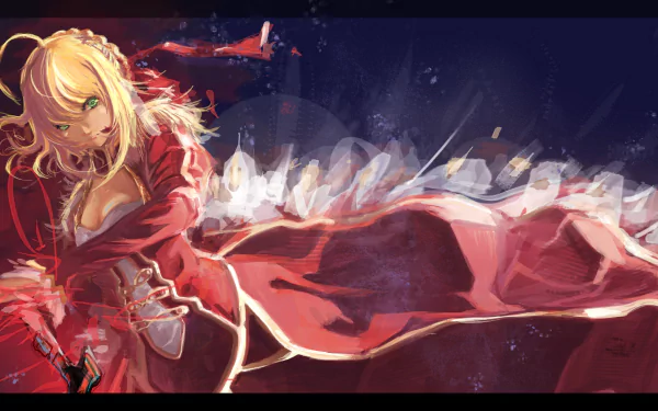 Red Saber from Fate/Extra radiates power and elegance in this dynamic HD anime desktop wallpaper, showcasing her striking design and vivid colors against a dramatic backdrop.