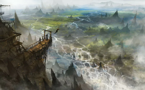 A detailed fantasy landscape featuring misty mountains, winding rivers, and a wooden platform overlooking the vast terrain, rendered in 4K Ultra HD for PC desktop backgrounds.