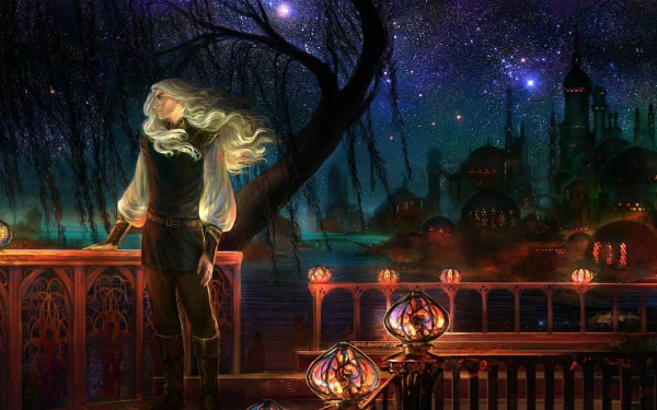 HD PC desktop wallpaper: a long-haired man on a balcony by the sea, gazing at a glowing fantasy city under a vivid starry night sky.