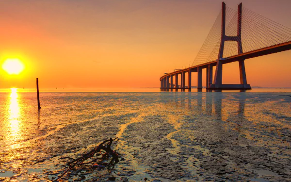 Vasco da Gama Bridge at golden sunset over tidal flats, vivid orange sky and reflective water, a man-made landmark presented as a 2K Quad HD PC desktop wallpaper and background.