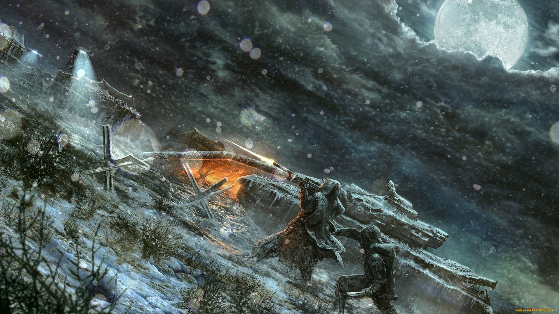 HD Sci-Fi desktop wallpaper featuring a warrior battling amidst snowy ruins under a stormy, moonlit sky.