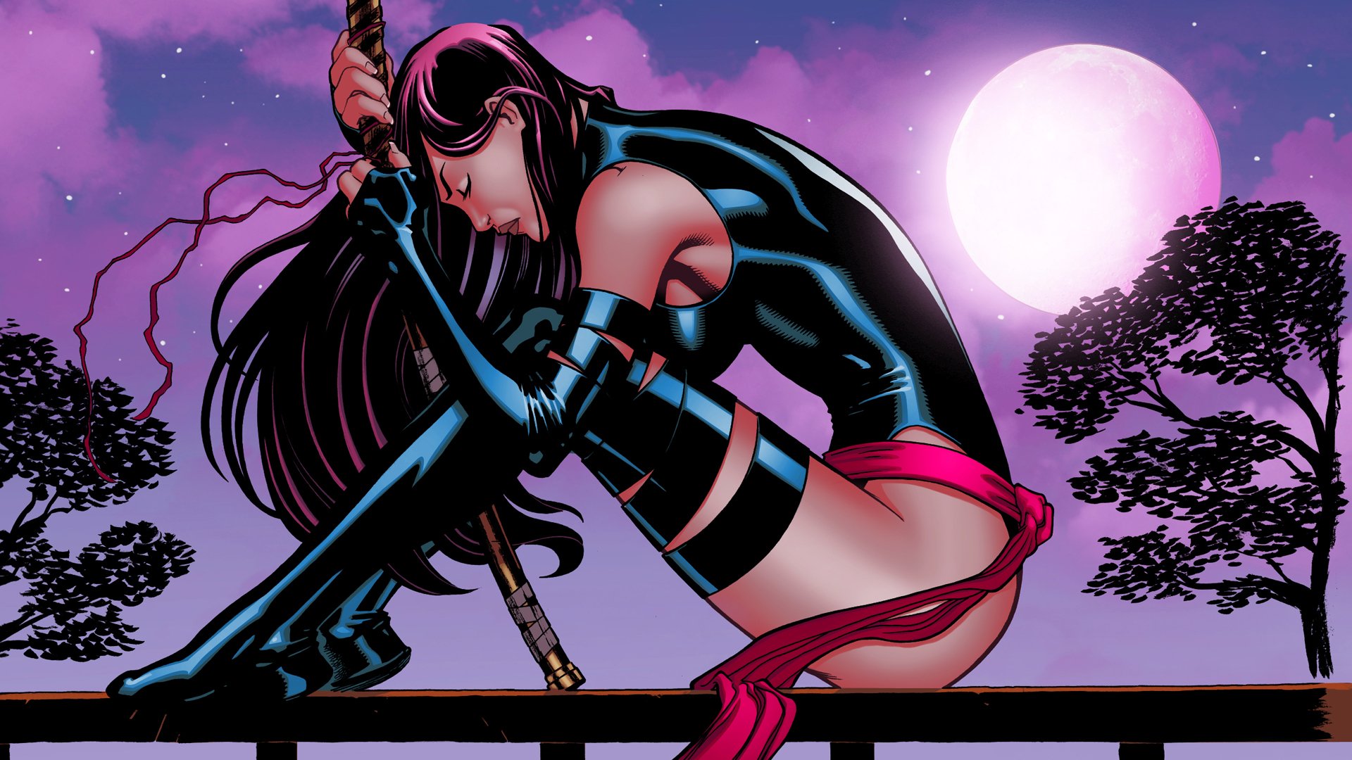 HD PC desktop wallpaper of Marvel Comics' Psylocke crouched on a railing beneath a pink moon and purple sky, long hair, black costume with red sash, gripping a katana.