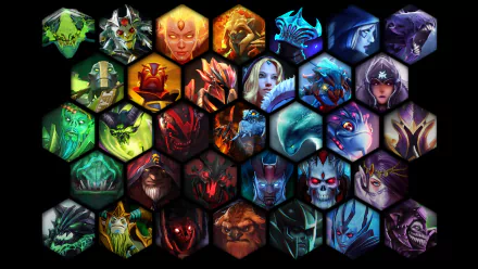 A vibrant HD desktop wallpaper featuring various characters from the video game DotA 2, arranged in a hexagonal grid for an artistic display.