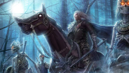 Fantasy warrior in dark armor rides a ghostly steed through a misty, eerie forest, surrounded by glowing-eyed skeletal warriors under a bright moon. HD PC desktop wallpaper.