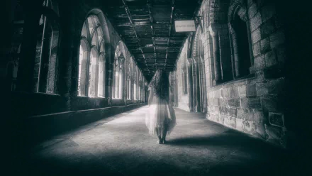 HD wallpaper featuring a dark, eerie hallway with a ghostly figure in a flowing dress walking away. The atmosphere is haunting and mysterious, enhancing its use as a desktop background.