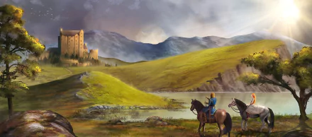 Fantasy landscape HD PC desktop wallpaper and background: rolling green hills, distant castle beneath misty mountains, rider and pack horse in the foreground.