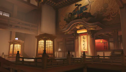 Overwatch video game HD PC desktop wallpaper and background: warm-lit traditional Japanese temple interior with wooden balconies, paper lanterns and a hanging scroll.