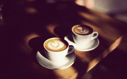 Two cappuccino cups with heart-shaped latte art sit on a wooden table, bathed in soft, warm light. A cozy coffee moment captured in a high-definition desktop wallpaper.