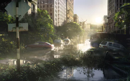 A breathtaking HD desktop wallpaper inspired by The Last Of Us, showcasing a flooded urban landscape overrun by nature, capturing a post-apocalyptic atmosphere with serene morning light.
