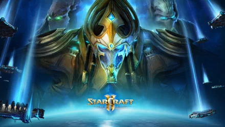 HD desktop wallpaper for StarCraft II: Legacy of the Void, featuring a striking image of a Protoss figure surrounded by a cosmic blue atmosphere.