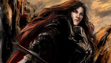 HD PC desktop wallpaper and background of a fantasy woman warrior in dark armor and red cloak, sword raised, standing against a stormy, painterly battlefield backdrop.