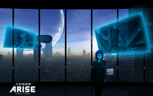 HD wallpaper of Ghost in the Shell Arise, featuring a character standing before a windowed cityscape with holographic screens.