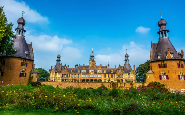 HD desktop wallpaper showcasing the man-made Ooidonk Castle under a bright blue sky, framed by lush greenery and vibrant flowers in the foreground.
