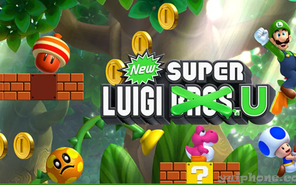 HD wallpaper for New Super Luigi U featuring Luigi, coins, and characters on a vibrant forest backdrop.