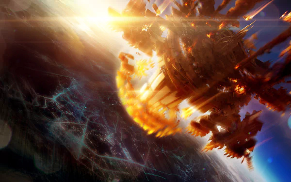 Starcraft video game HD PC desktop wallpaper from StarCraft II: Legacy of the Void — a fiery capital ship disintegrating over a planet, shards and plasma trails lighting the dark of space.