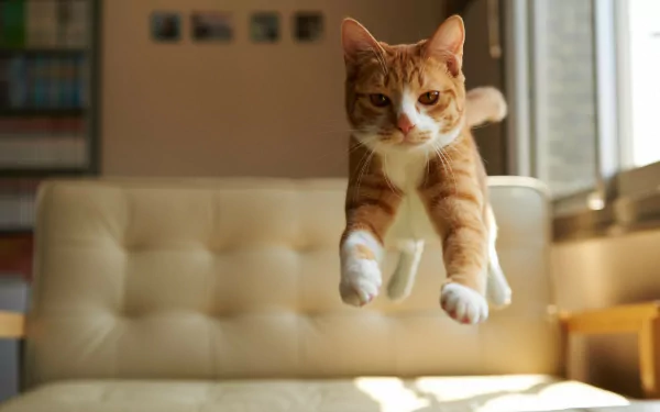 A HD desktop wallpaper featuring a kitten mid-jump, with an upholstered chair and sunlight streaming through a window in the background.