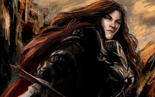 HD PC desktop wallpaper and background of a fantasy woman warrior in dark armor and red cloak, sword raised, standing against a stormy, painterly battlefield backdrop.
