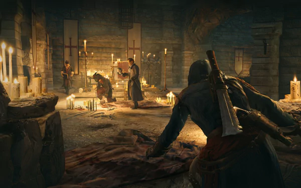 Arno Dorian stealthily approaches a dimly lit scene filled with candles, capturing a pivotal moment from Assassin's Creed: Unity in this HD PC desktop wallpaper.