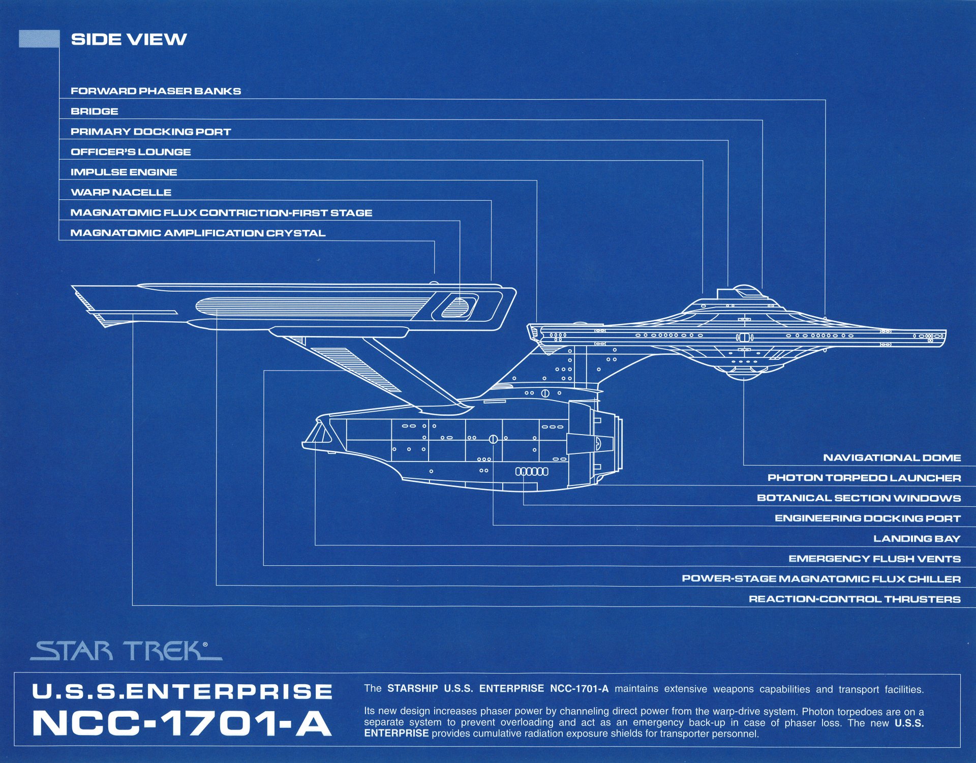 Blueprint-style 4K Ultra HD PC desktop wallpaper of a Star Trek Sci-Fi starship, showcasing detailed technical schematics and labeled components.