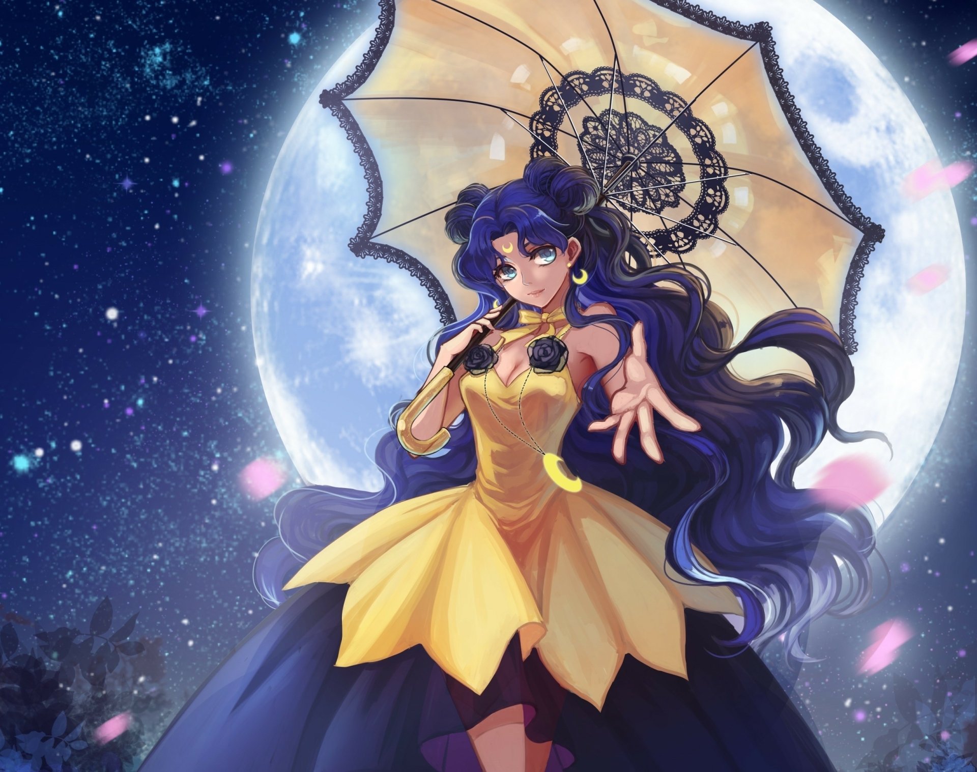 HD desktop wallpaper featuring an Anime depiction of a Sailor Moon character in a yellow dress holding an umbrella, with a large, glowing moon in the background.