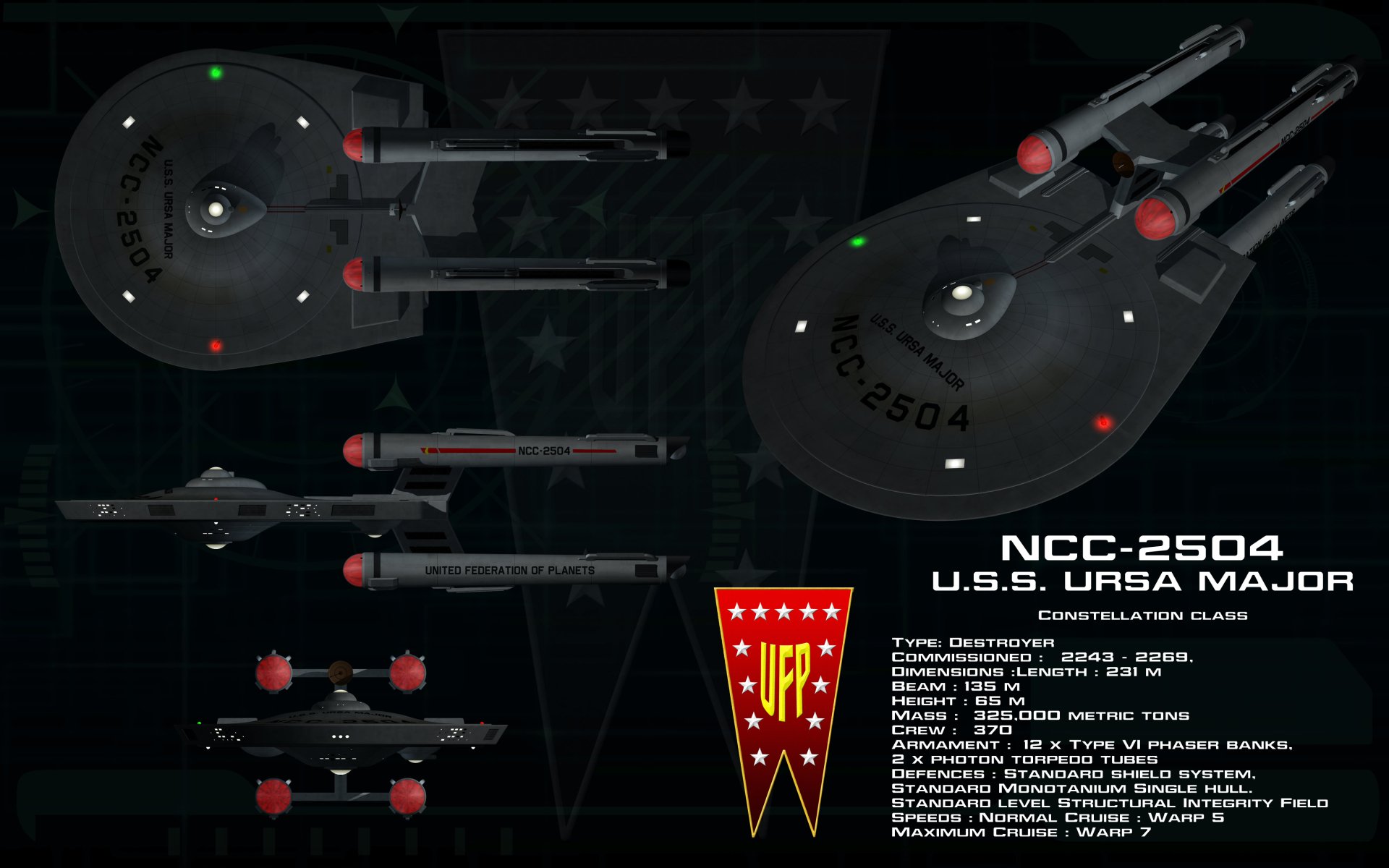 Sci‑Fi Star Trek 4K Ultra HD PC desktop wallpaper: blueprint-style views of Constellation‑class starship U.S.S. Ursa Major (NCC‑2504) with specs, renderings and emblem on dark background.
