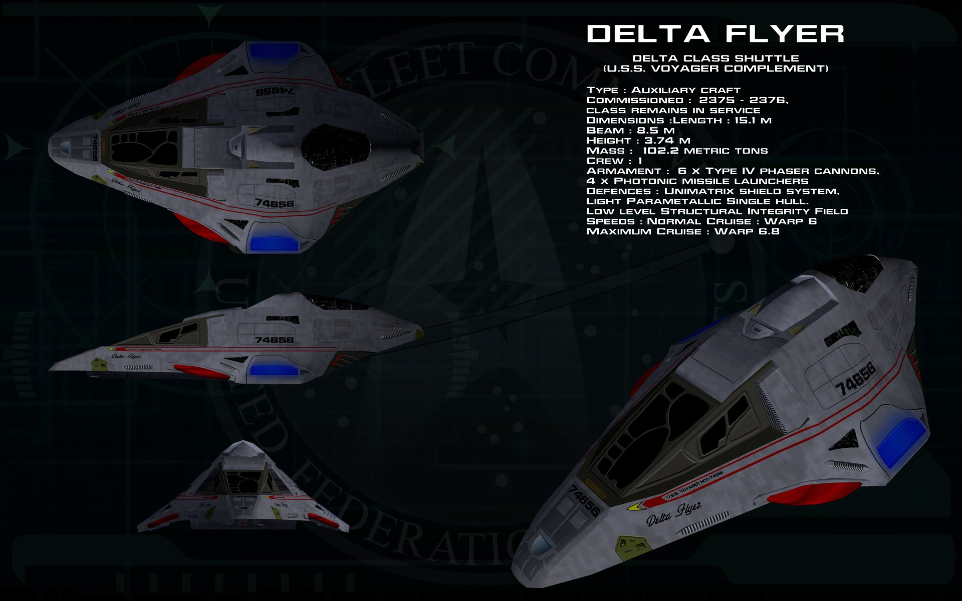 4K Ultra HD Star Trek Sci Fi wallpaper featuring the Delta Flyer shuttle with detailed schematics and multiple angled views against a dark backdrop.