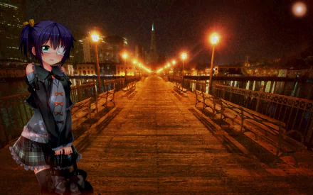 A stunning HD wallpaper featuring a character from Love Chunibyo & Other Delusions, set against a beautifully lit pier at night, blending anime charm with a vibrant atmosphere.