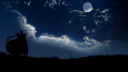 HD Anime desktop wallpaper featuring a silhouetted figure under a starlit night sky, with the moon shining brightly amid scattered clouds, tagged with Sailor Moon.