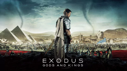 4K Ultra HD desktop wallpaper featuring a scene from the movie Exodus: Gods and Kings with a warrior overlooking an ancient Egyptian battlefield near pyramids and tornadoes.