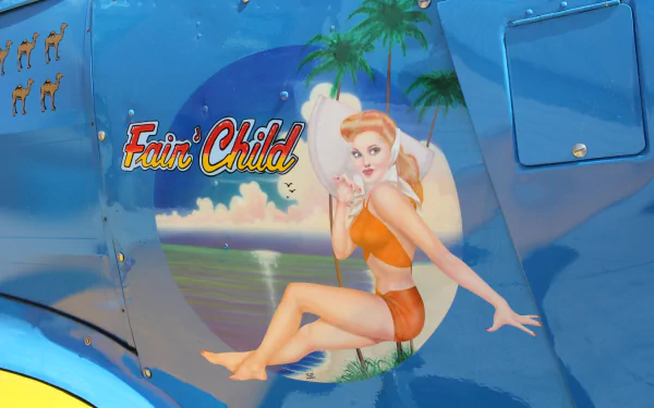 Military aircraft nose art: pin-up Fair Child in an orange swimsuit on a crescent moon with palm beach backdrop — vivid HD PC desktop wallpaper and background.