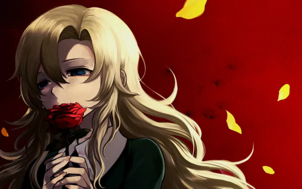 A character from the video game Ib (2012), holding a rose against a striking red background, captures a blend of beauty and mystery in this HD PC desktop wallpaper.
