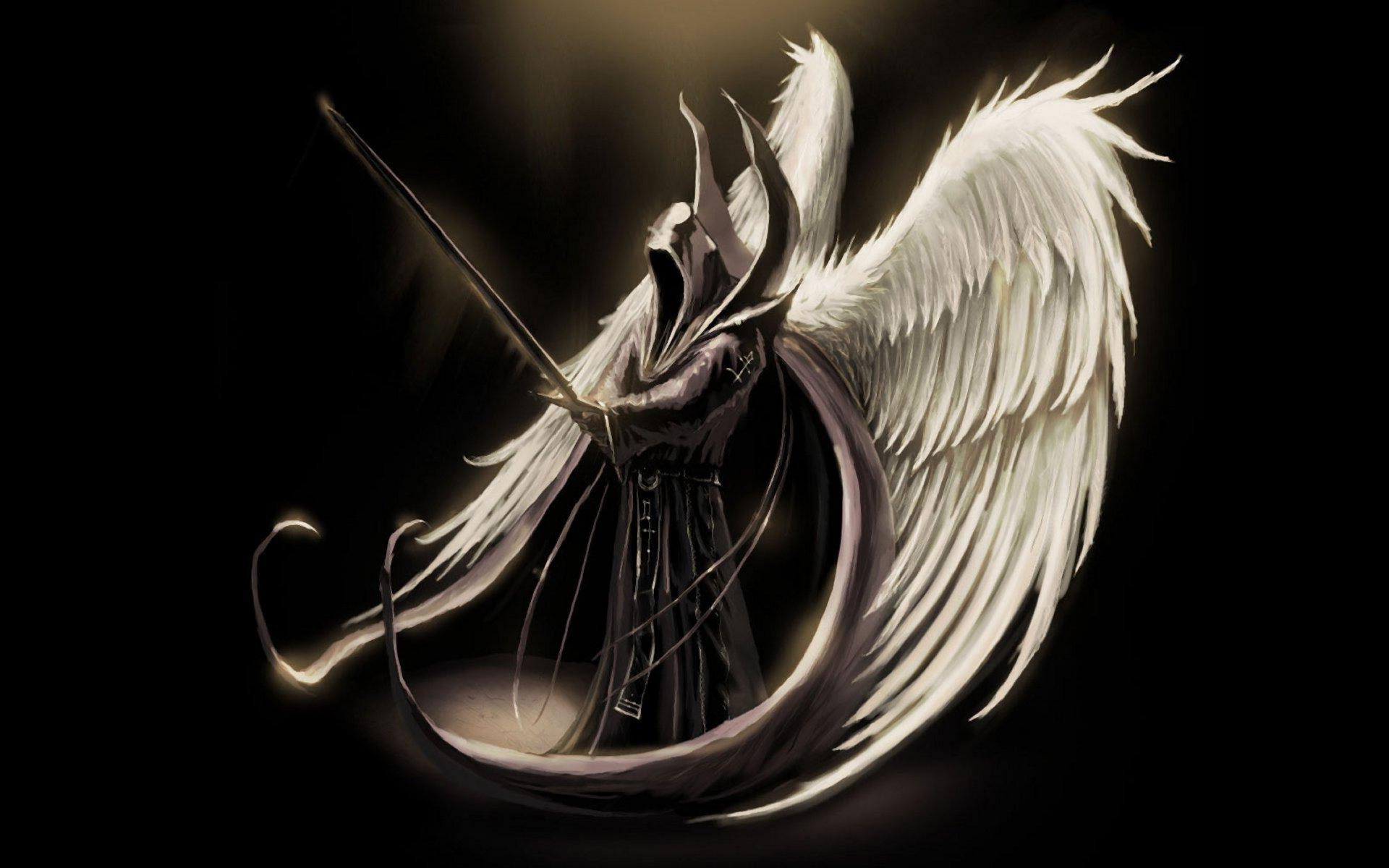 Dark Angel with wings, hood, and sword.