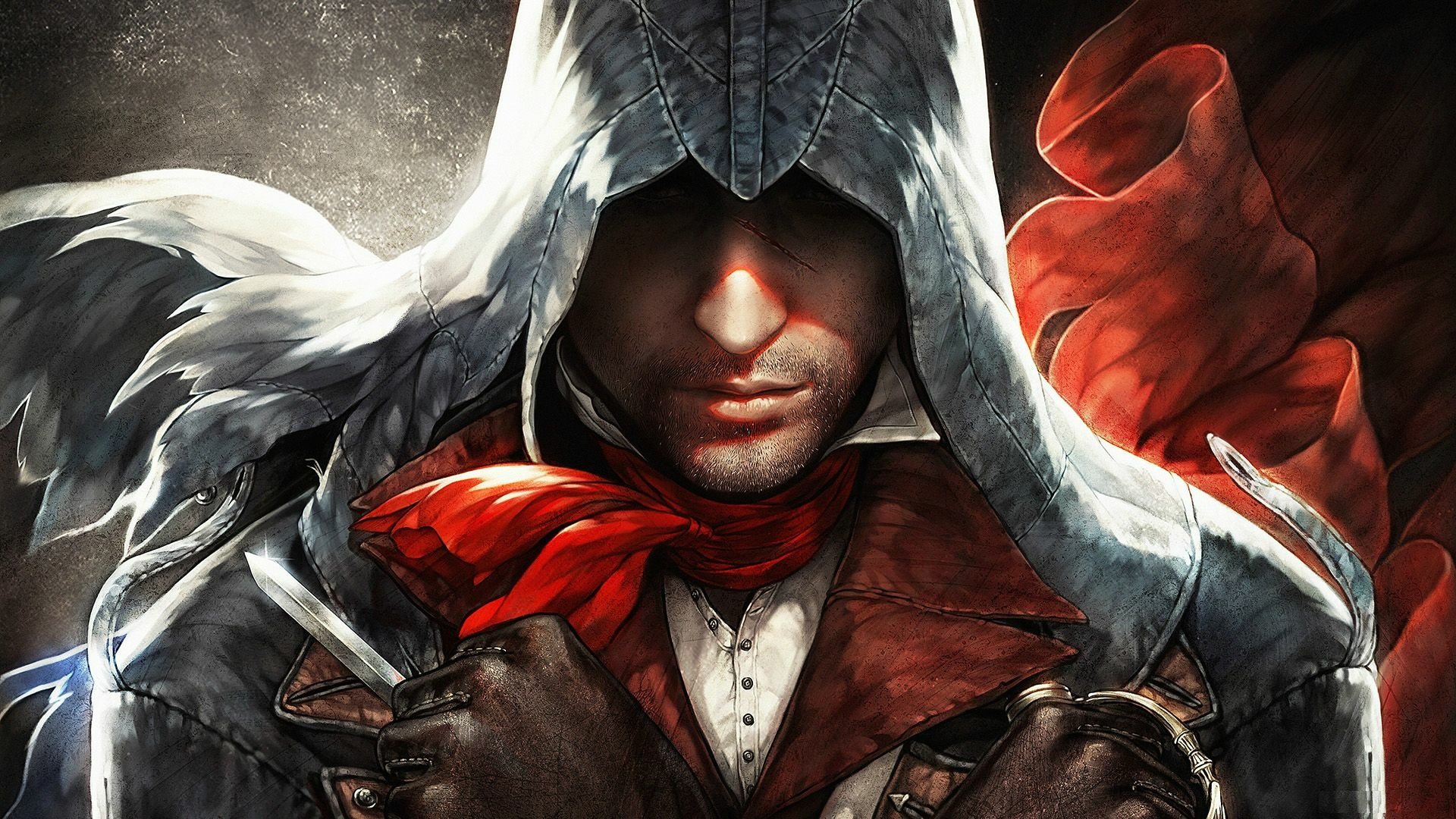 HD desktop wallpaper featuring Arno Dorian from Assassin's Creed: Unity, dressed in his iconic white hood and red scarf.