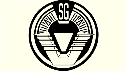 Black-on-cream circular emblem with central chevron and 'SG' header — TV show Stargate SG-1 HD PC desktop wallpaper and background.
