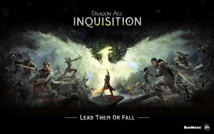HD wallpaper featuring characters from the video game Dragon Age: Inquisition, showcasing intense battle scenes with the tagline Lead Them Or Fall.