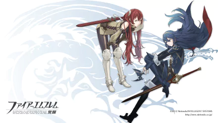 HD desktop wallpaper featuring Severa and Lucina from Fire Emblem Awakening, showcasing dynamic poses with swords against an intricate backdrop.