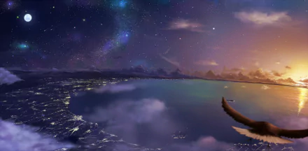 HD desktop wallpaper featuring an original lofi anime-inspired landscape. The night sky, dotted with stars, overlooks a vast body of water, illuminated by distant city lights, creating a serene and dreamy atmosphere.