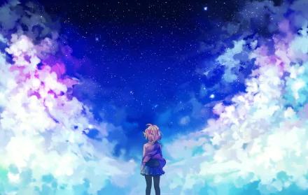 Mirai Kuriyama from Beyond the Boundary stands in awe of a starlit sky amidst colorful, fluffy clouds in this HD anime desktop wallpaper background.