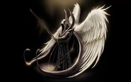 A high-definition desktop wallpaper featuring a hooded angel warrior with large wings, holding a sword, set against a dark background.
