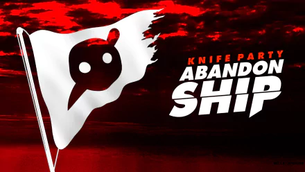 HD desktop wallpaper featuring Knife Party's Abandon Ship album logo with a torn white flag bearing a black emblem against a red and black sky background.