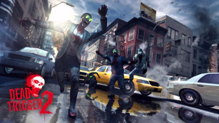 HD PC desktop wallpaper featuring intense zombies from the video game Dead Trigger 2 in a rain-soaked urban street scene.