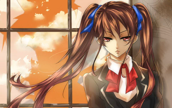 Izumi Akazawa from the anime Another stands in front of a window, her expression serious against an orange-hued sky, serving as an engaging HD desktop wallpaper.