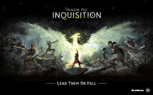 HD wallpaper featuring characters from the video game Dragon Age: Inquisition, showcasing intense battle scenes with the tagline Lead Them Or Fall.